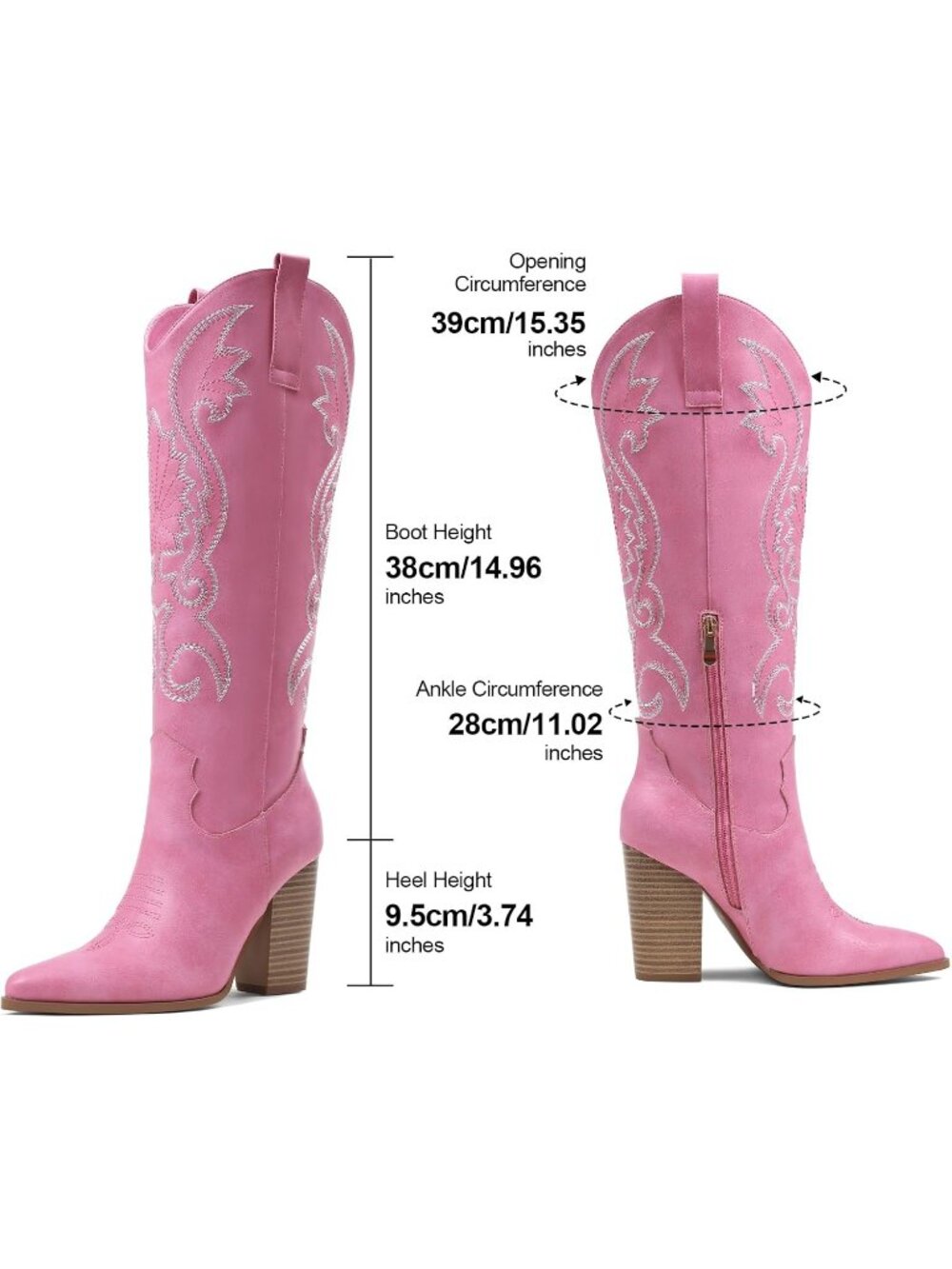 Women Pink Leather Pull-on Pointed Toe Chunky High Heel Embroidered Boot - Picture 6 of 6
